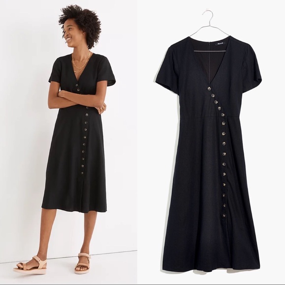 Madewell • Linen-Blend Button-Wrap Midi Dress black a-line short sleeve